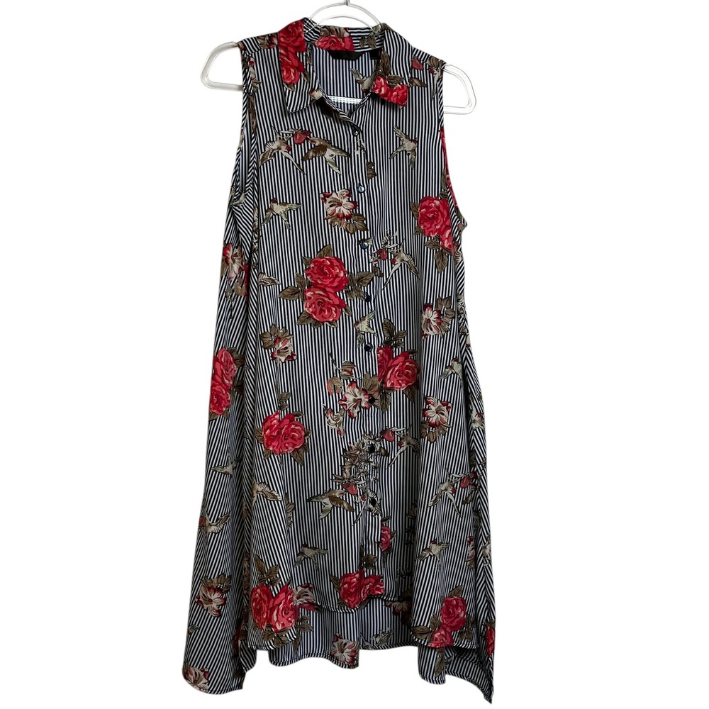 Navy Striped Floral Bird Print Sleeveless Midi Dress Red Roses Size L